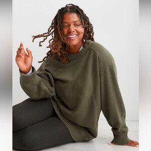 Aerie Down-To-Earth Nomad Olive Green Crew Neck Rib Detail Sweatshirt